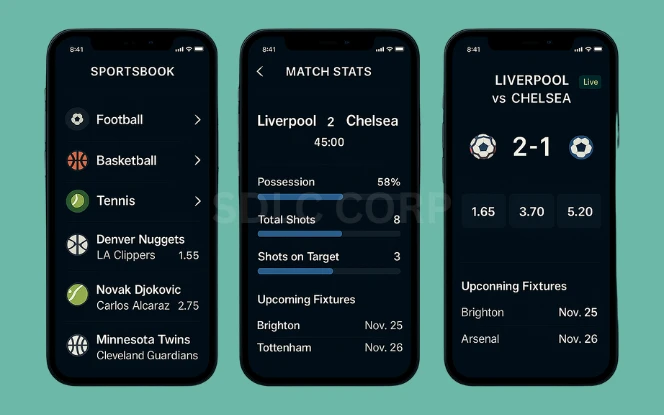 A user interface displaying integrated sportsbook features including real-time betting odds, live match updates, and API-connected sports data feeds.