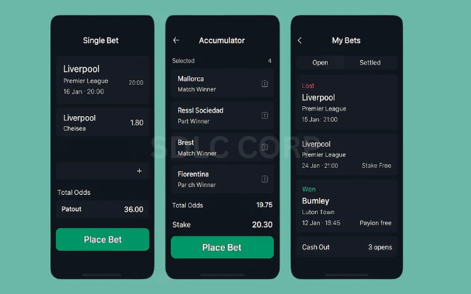 A digital sportsbook interface showcasing various bet types including single, multiple, accumulator, and system bets with corresponding odds and selection options.