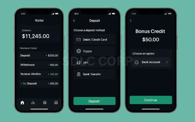 A digital wallet interface displaying user account balance, recent transaction history, and multiple payment methods including credit card, UPI, and net banking options.