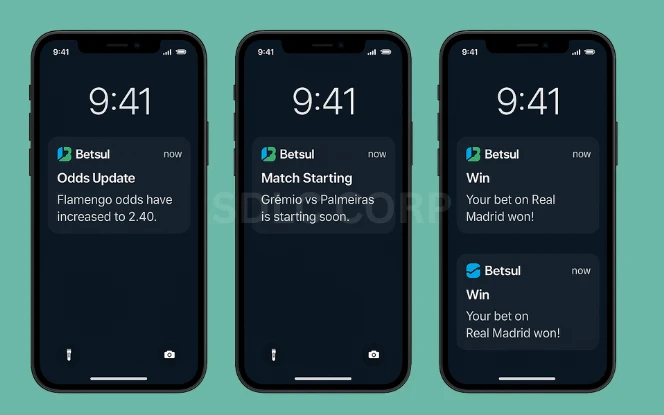 A user interface showing real-time push notifications on mobile and desktop devices, including promotional offers, system alerts, and personalized user messages.