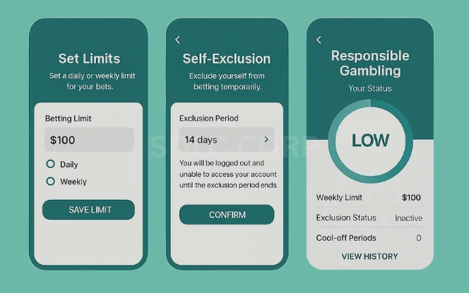 A responsible gambling dashboard showing features such as setting deposit limits, activating time-out periods, self-exclusion options, and monitoring user activity to encourage safe and controlled gaming behavior.