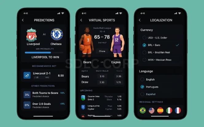 An illustration showing the process of scaling a betting app with cloud-based architecture, server load balancing, real-time user analytics, multi-device support, and global deployment to handle increasing traffic and demand.