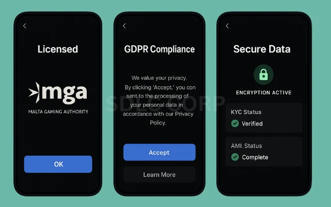 A visual representation of legal compliance featuring icons of scales of justice, privacy policy documents, GDPR checklists, data protection shields, and regulatory certification symbols.