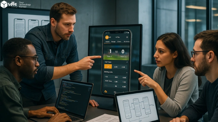 Team of developers and designers discussing the interface of a sports betting mobile app resembling 188BET, with wireframes and code on screen