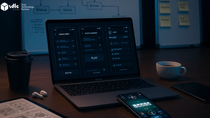 Illustration depicting mobile app development for a poker game, with UI elements, playing cards, chips, and developers working on screens, symbolizing a guide to creating an app like PokerUp.
