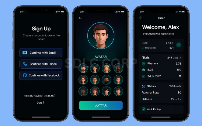 Visual representation of user sign-up forms, profile creation, and account customization features