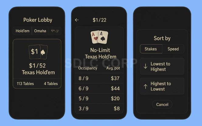 Interface showing multiplayer game lobby with available rooms, player lists, and game settings for selection