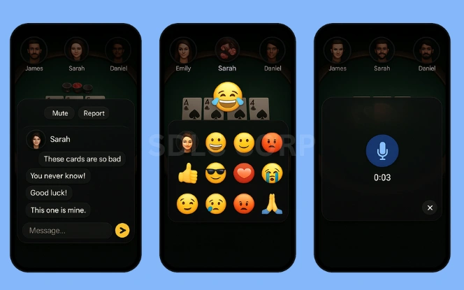 In-game chat interface featuring real-time messages, emoji reactions, and expressive player interactions