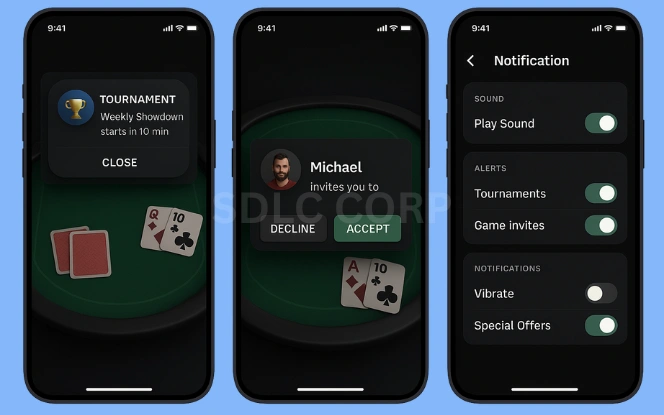 Mobile screen showing real-time push notifications for game invites, updates, and user engagement alerts