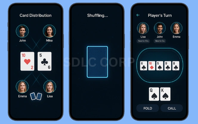 Architecture diagram illustrating real-time game engine handling player actions, betting logic, and synchronization in a poker app