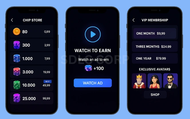 Infographic illustrating in-app purchases, ads, subscription models, and virtual currency systems for revenue generation