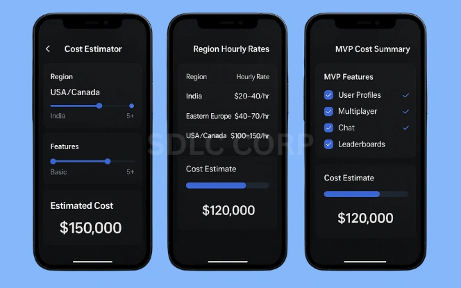 Chart detailing the breakdown of poker app development costs across design, backend, frontend, QA, and deployment phases