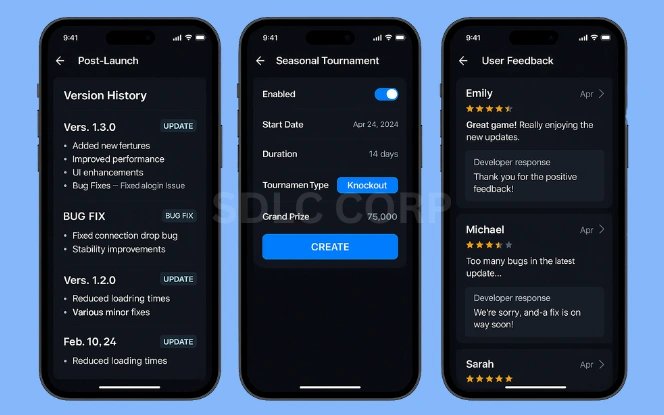 Illustration showing app maintenance, bug fixes, performance monitoring, and regular feature updates after launch