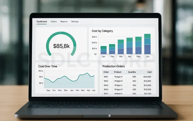 Laptop screen displaying a manufacturing cost analysis dashboard with metrics including total cost, cost over time, cost by category, and production orders.