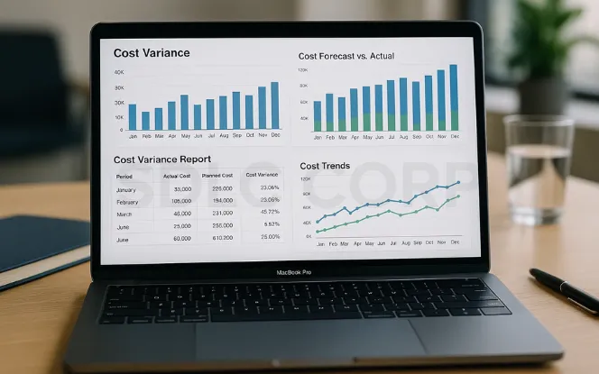 Laptop screen showing a cost analysis dashboard with charts and tables for cost variance, forecast vs. actual costs, monthly trends, and detailed variance reports.