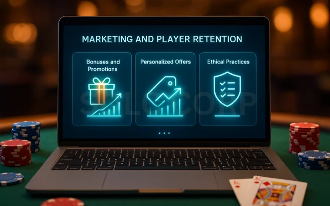 Marketing and player retention strategies with bonuses, offers, and ethical practices.