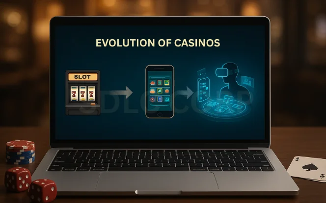 Evolution of online casinos from slot machines to mobile and VR gaming.