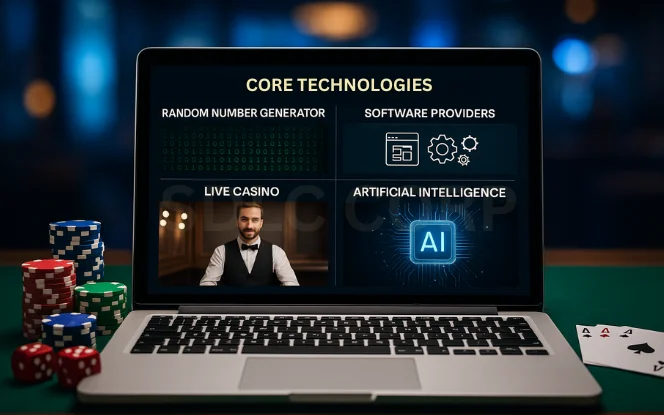 Core technologies of online casinos including RNG, live casino, AI, and software providers.