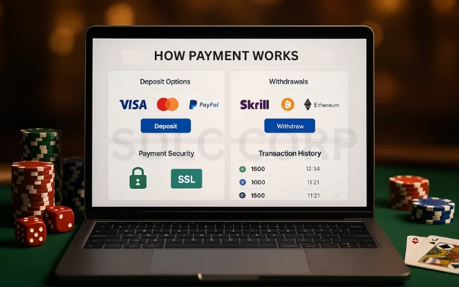 Cryptocurrency coins, credit cards, and poker chips representing digital casino payments.