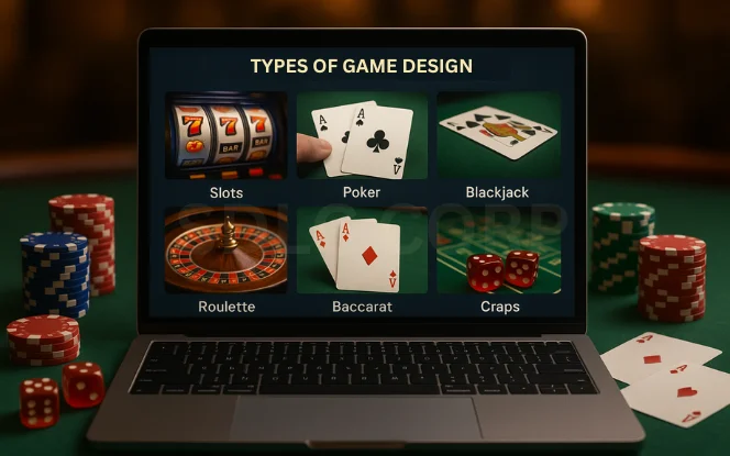 Different casino games showing slots, poker, blackjack, roulette, baccarat, and craps.