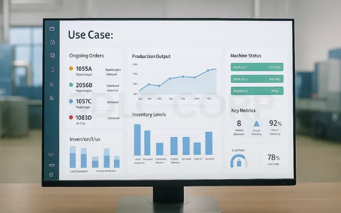 Laptop screen displaying a smart factory dashboard with metrics on production output, OTIF performance, downtime, inventory levels, and equipment layout in a manufacturing environment.