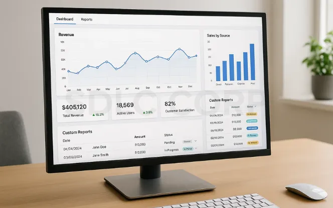 Real-time analytics dashboard displaying revenue trends, sales by source, user metrics, and custom report summaries on a desktop monitor.