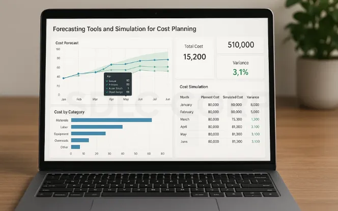 Laptop screen displaying forecasting tools and cost planning simulation dashboard with cost forecast graph, category breakdown, and monthly cost variance analysis.