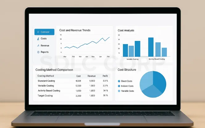 Laptop screen displaying an analytics dashboard with bar charts, line graphs, and pie charts illustrating monthly cost trends, distribution percentages, and performance metrics.