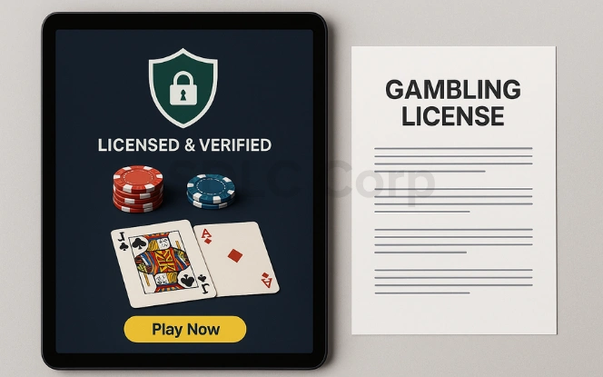 Tablet screen showing a licensed casino interface beside a printed gambling license.