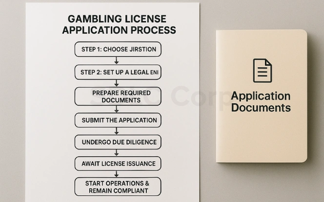 Flowchart displaying the step-by-step gambling license application process.