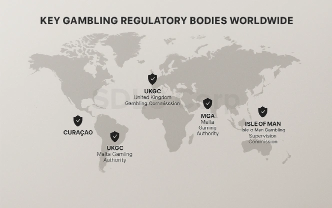 World map highlighting major gambling regulatory authorities across key regions.