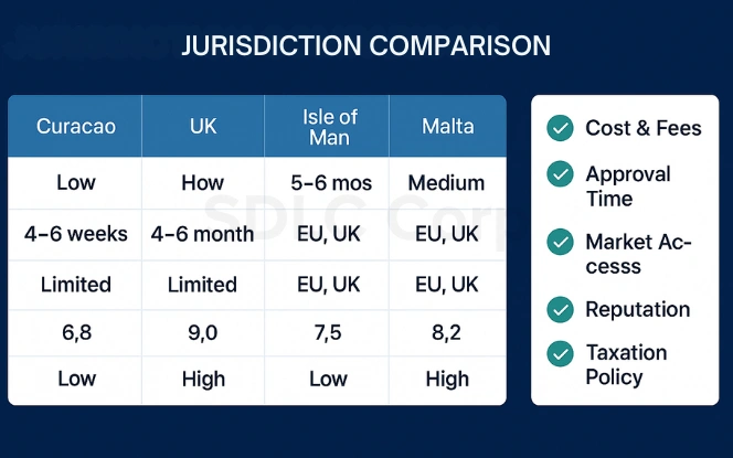 Comparison table of gambling license jurisdictions with key evaluation factors.