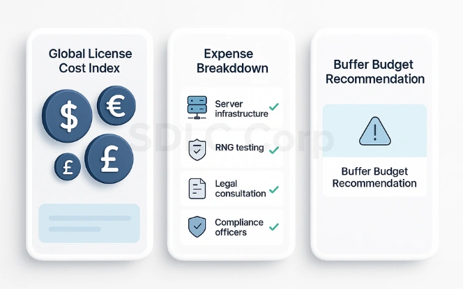 Infographic outlining global gambling license costs and expense categories.