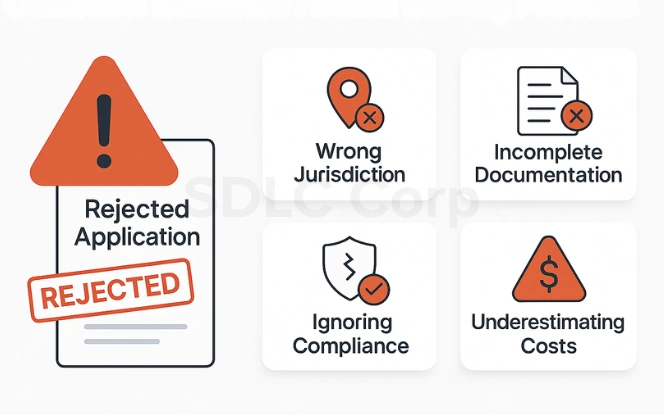 Illustration showing common mistakes that lead to a rejected gambling license application.