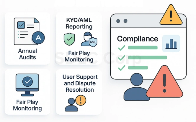 Visual guide showing ongoing compliance duties for gambling operators.