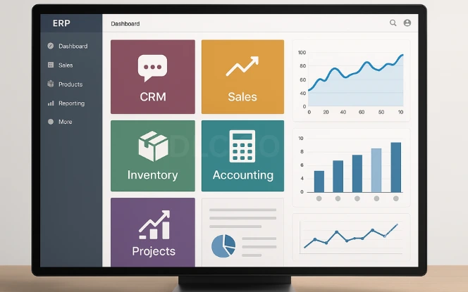 Modular Odoo ERP interface with color-coded applications like Sales, CRM, Inventory, and Accounting
