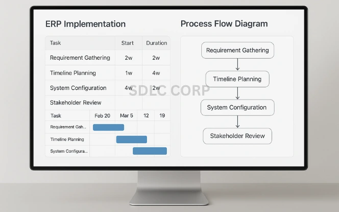 Digital Gantt chart and process planning flow for ERP implementation displayed on a desktop.