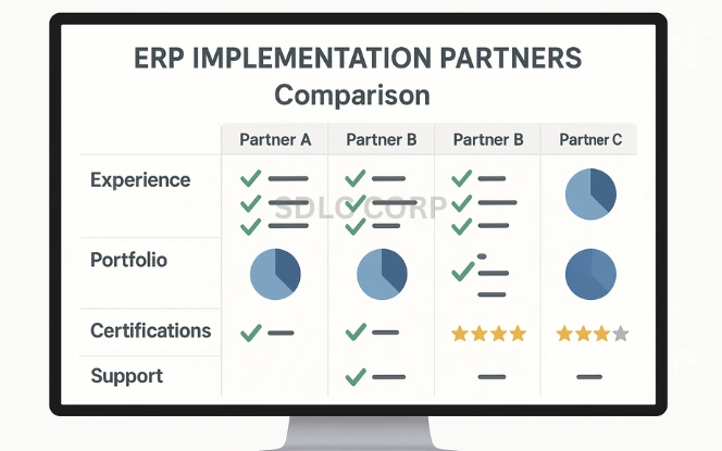 ERP partner evaluation dashboard showing comparison checklists and ratings.