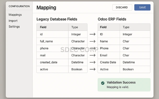 Software interface mapping legacy data fields to Odoo ERP configuration.