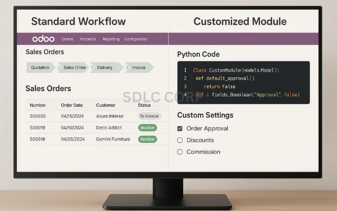 Side-by-side comparison of standard Odoo workflows and customized modules on desktop view.