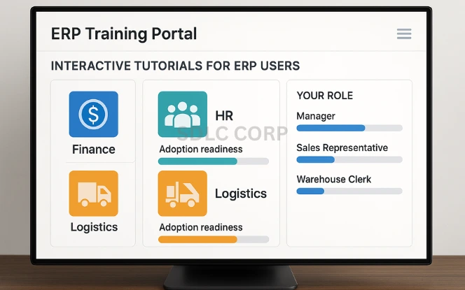 ERP training dashboard with role-based tutorials and adoption progress indicators.