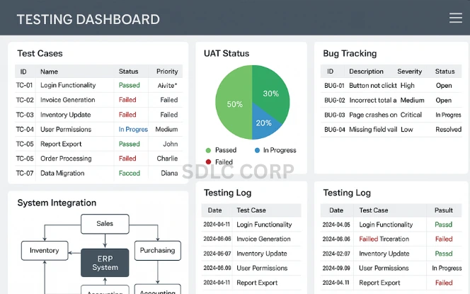 ERP testing dashboard showing bug reports, test case results, and UAT status.