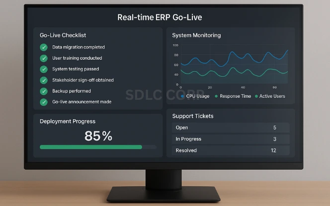 ERP go-live panel with progress indicators and post-launch support ticket dashboard.