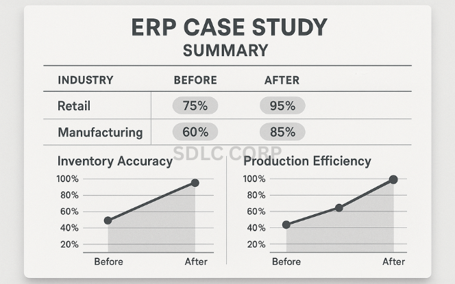 ERP case study comparison screen showing performance improvements in retail and manufacturing..