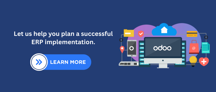 CTA banner with the text “Let us help you plan a successful ERP implementation” on a digital ERP planning interface.