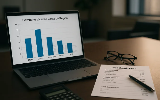 Currency symbols and bar chart comparing gambling license fees across countries.