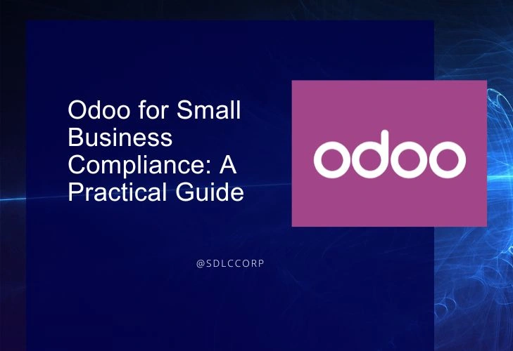 Odoo for small business compliance practical guide with Odoo logo and business compliance concept