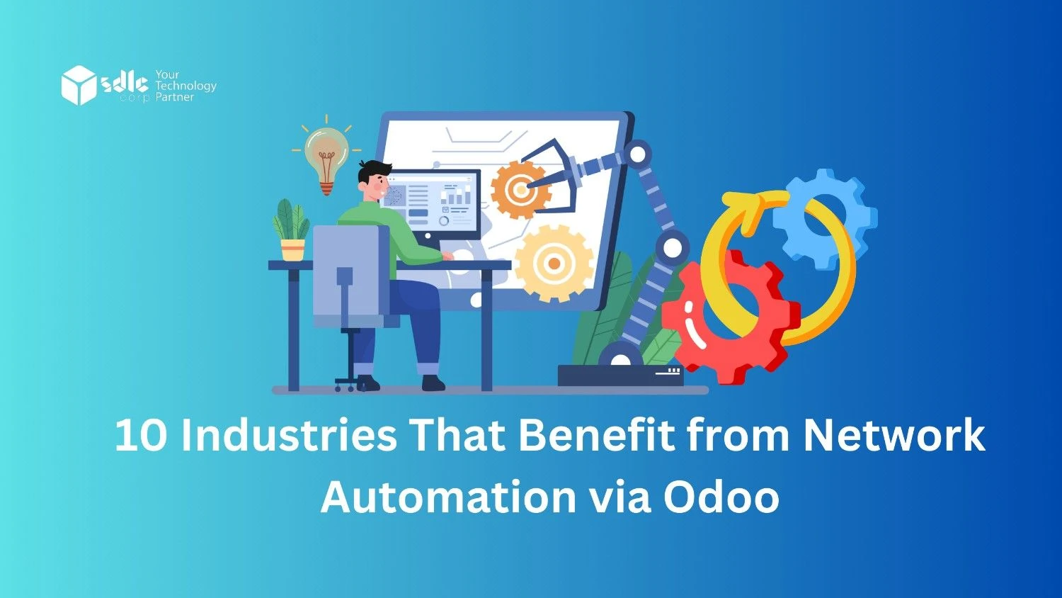 Illustration of network automation using Odoo showing a developer managing automated workflows and system integrations