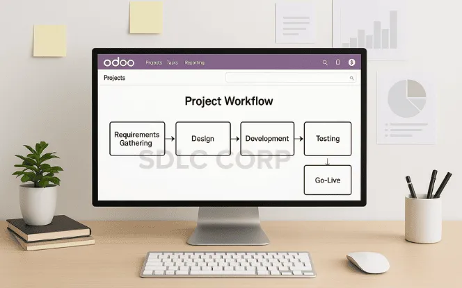 Understanding the Odoo Implementation Lifecycle Odoo ERP implementation lifecycle dashboard with eight phases: Requirements, Design, Development, Data Migration, Testing, Training, Go-Live, and Support.