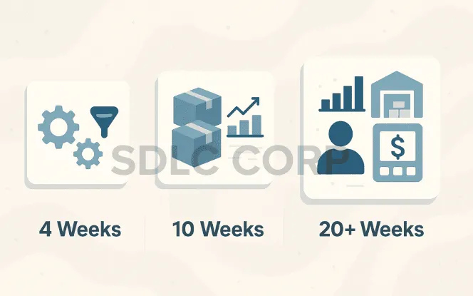 Conceptual graphic showing Odoo implementation timelines: 4 weeks for CRM, 10 weeks for mid-scale modules, and 20+ weeks for full enterprise ERP.